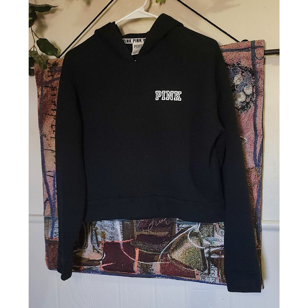Victoria Secret Pink Black Fleece Hood Pullover Hoodie S/P